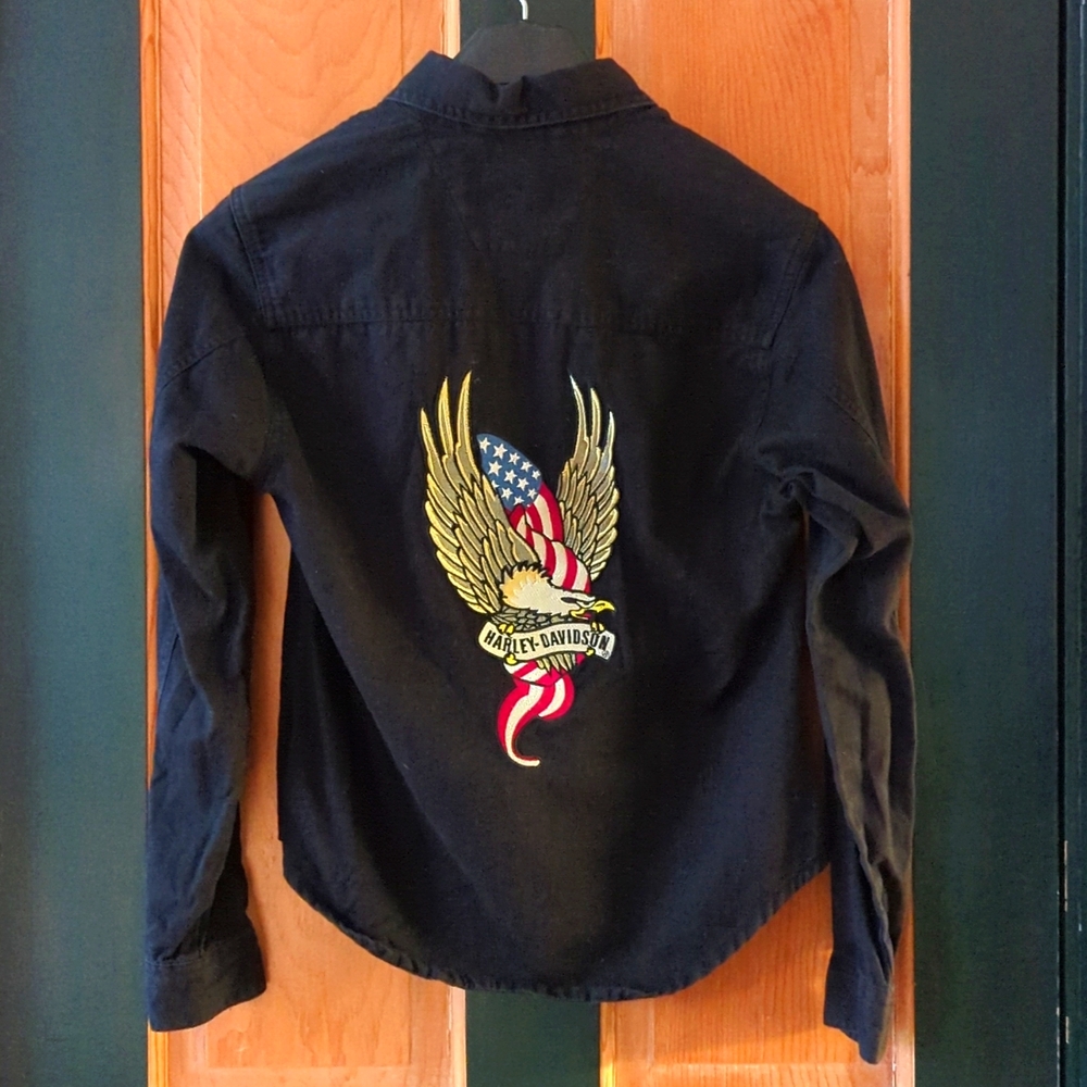 Harley Davidson Black Embroidered Eagle Snap Denim Shirt Size XS